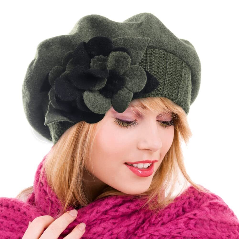 7858 Womens Wool Berets French Beret Beanie Winter Hats Hy022 (hy023-green)